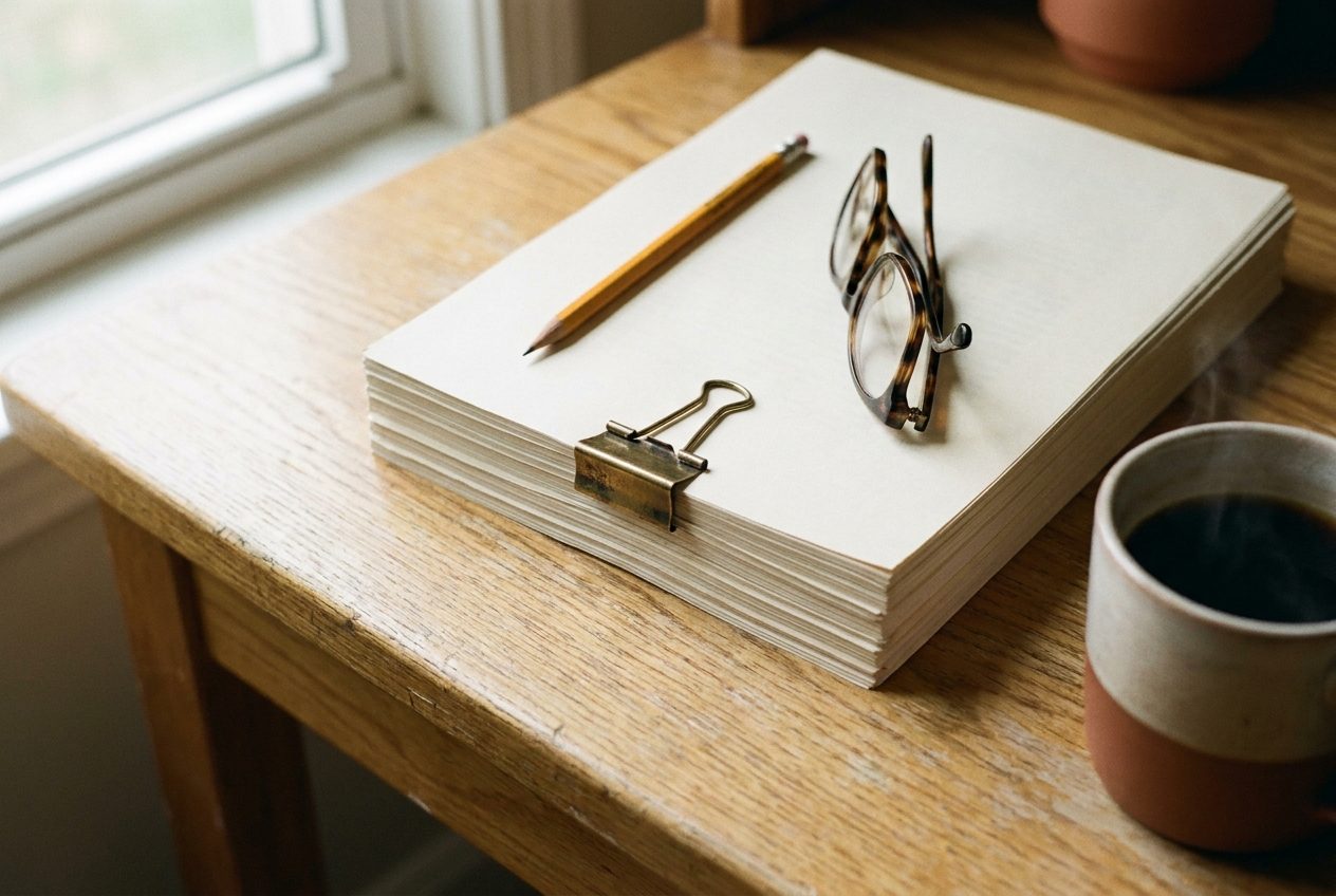 A stack of printed essays with a brass clip, a pencil and reading glasses.