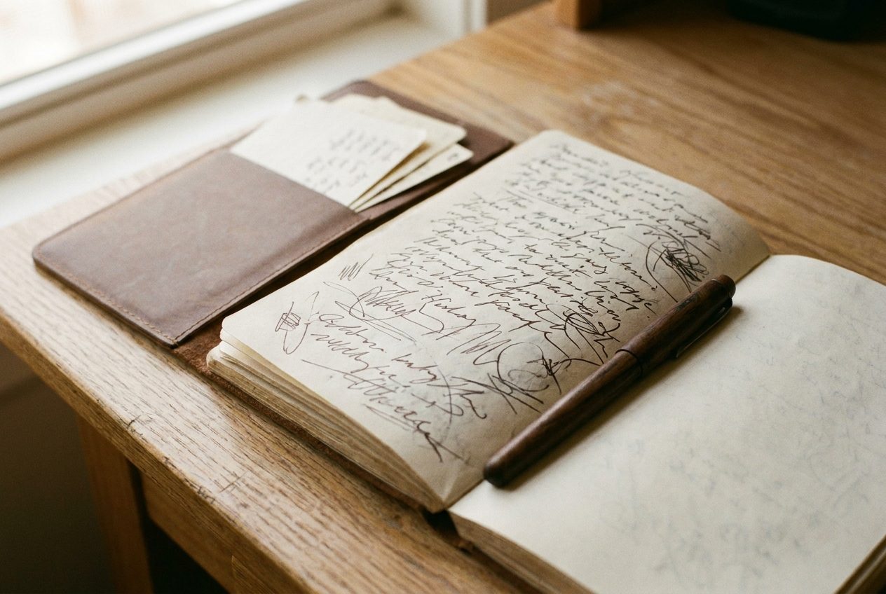 An open notebook of handwritten notes with a fountain pen and index cards.