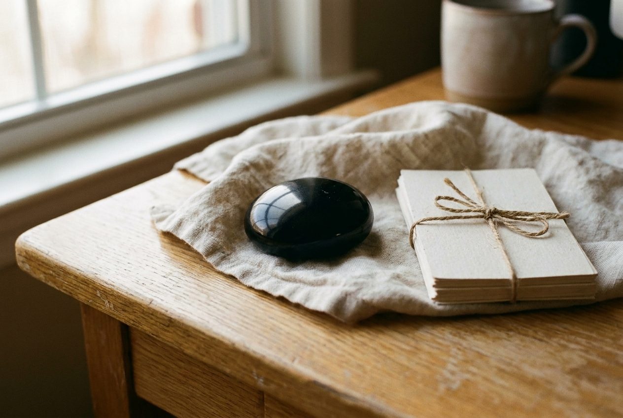 A polished black obsidian stone on linen next to index cards tied with twine.