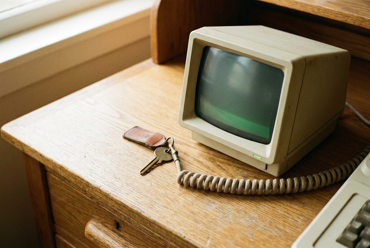 A beige vintage computer terminal with a soft green glow and a brass desk key.