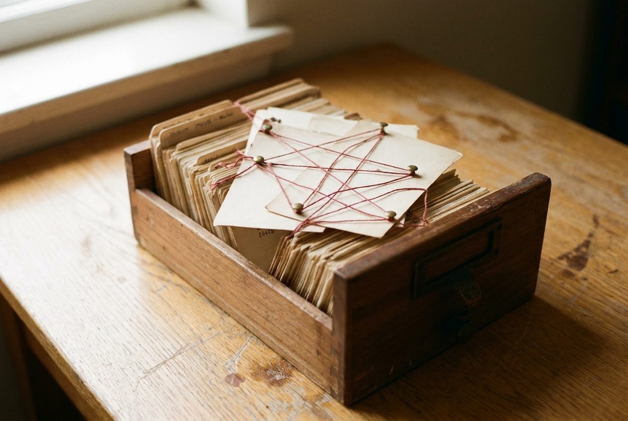 A wooden card catalogue with index cards linked together by red thread.