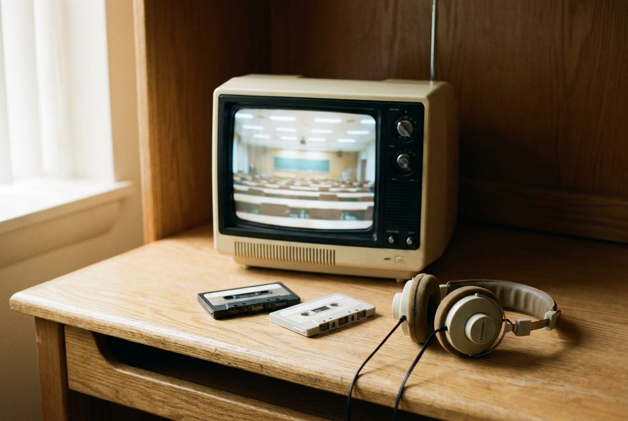 A small cream vintage television on a wooden desk, glowing with a blurred lecture.